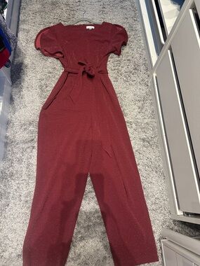 Calvin Klein Burgundy Sparkle Puff-Sleeve Jumpsuit with Tie Waist